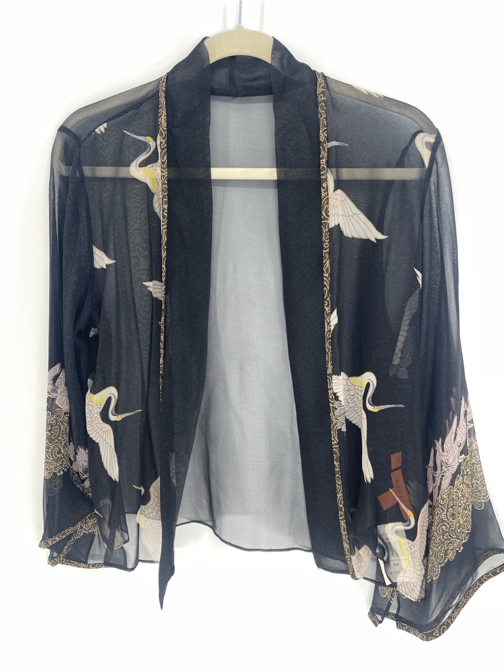 HARARI Halle Immortal Juno Sheer Black Crane Print Open Kimono NWT